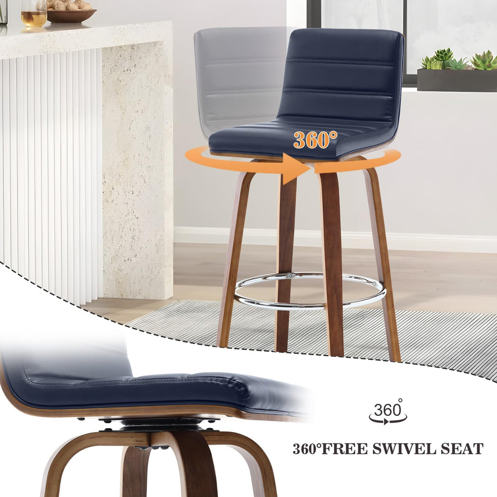 Bar Stools 29 Inch Bar Height, Swivel Bar Stools with Backs Upholstered PU Leather Barstool, L Shape Back and Padded Seat, Mid-Century Modern Bar Stool Pub Chairs for Kitchen Counter Island, Black