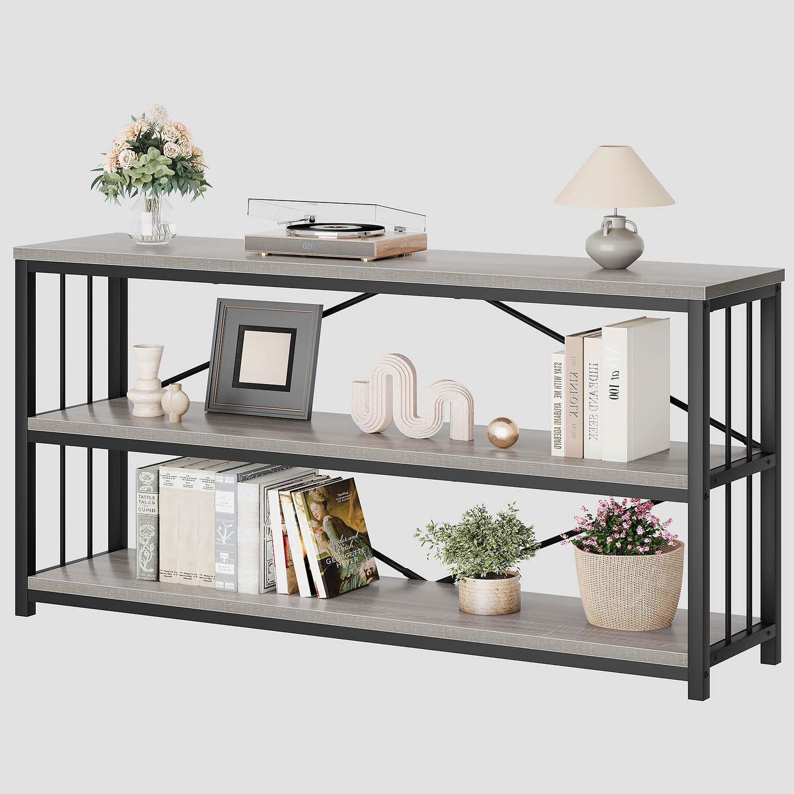 LVB Black Console Table, Modern Entryway Table for Hallway Living Room, Industrial Sofa Table Behind Couch, Farmhouse Wooden Metal Entry Table for Foyer with 3-Tier Storage Shelves, Black Oak, 55 Inch