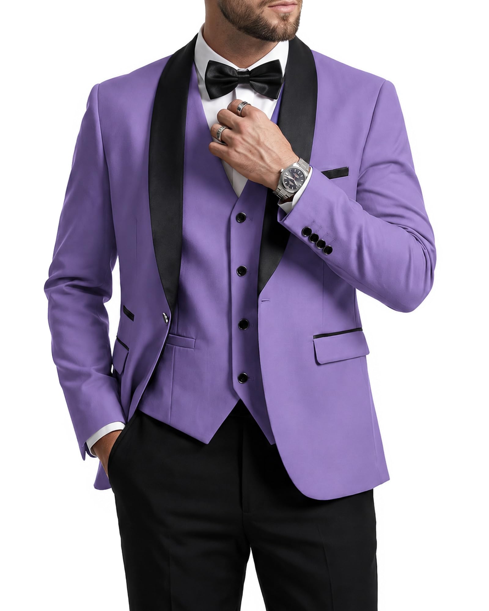 MrSure Men’s 3 Piece Slim Fit Suit, One Button Shawl Lapel Tuxedo, Premium Dinner Jacket Vest Pants & Tie Set
