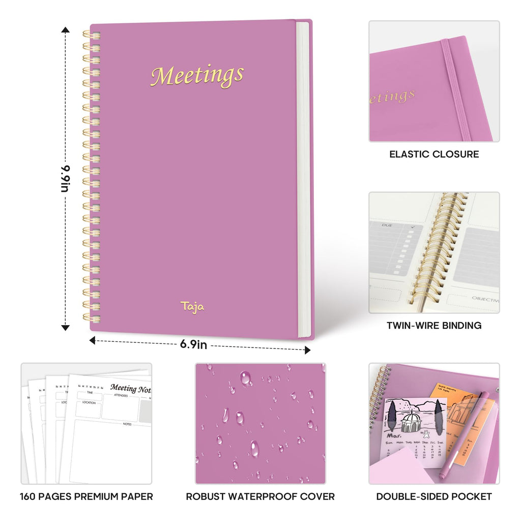 Meeting Notebook for Work Organization - Work Planner Notebook with Action Items, Agenda Planner for Note Taking, 160 Pages (6.9" X 9.9") Project Organizer for Men & Women - Pink