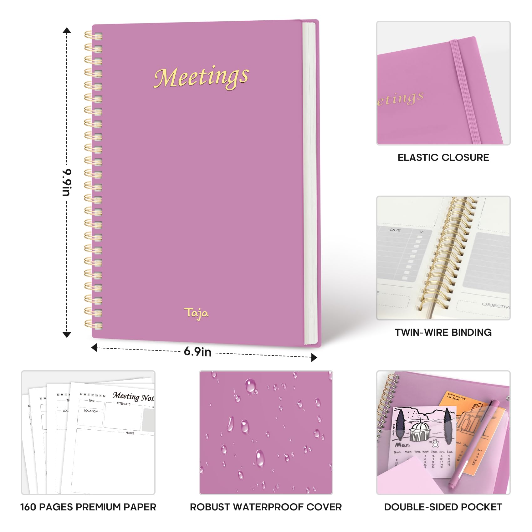 Meeting Notebook for Work Organization - Work Planner Notebook with Action Items, Agenda Planner for Note Taking, 160 Pages (6.9" X 9.9") Project Organizer for Men & Women - Pink