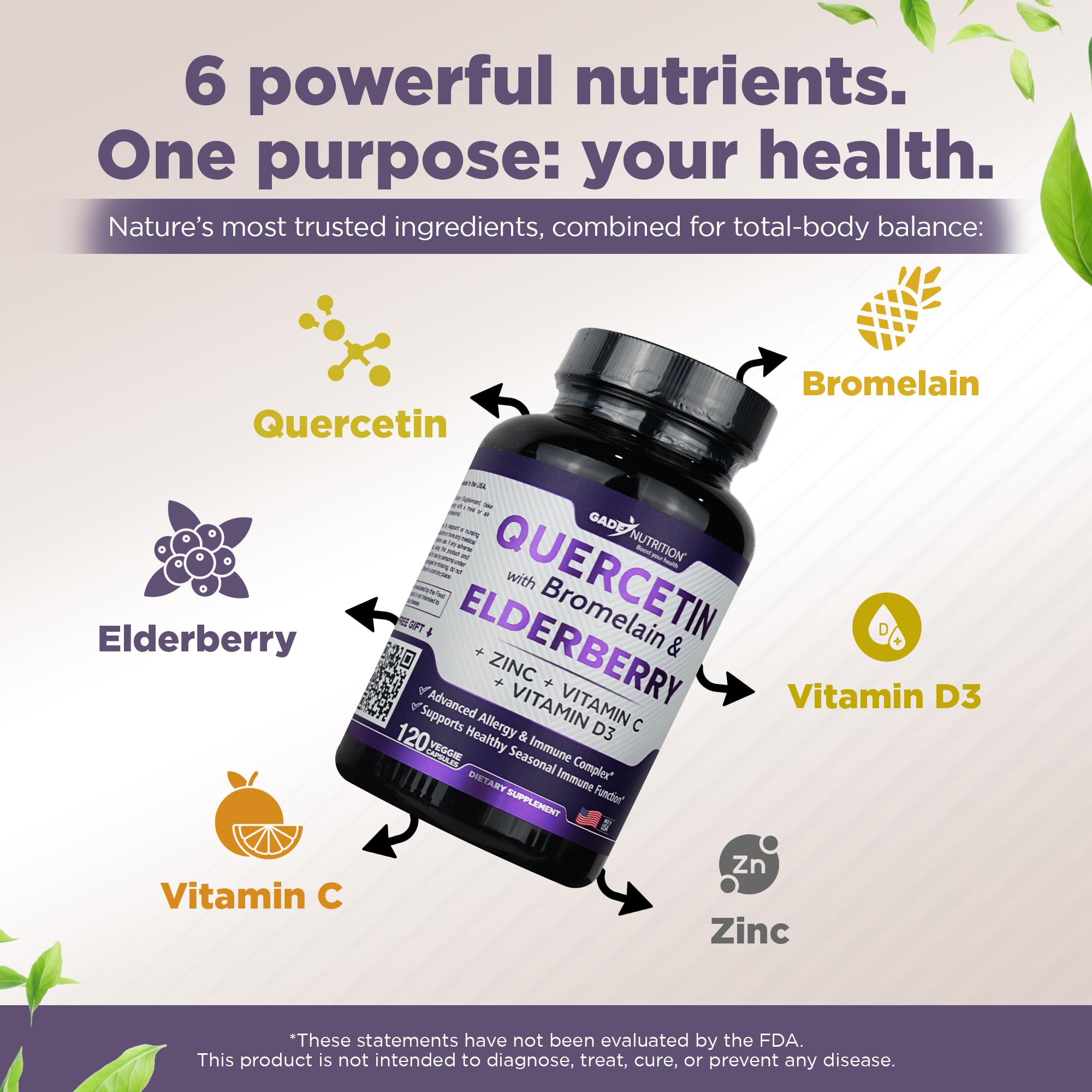 Gade Nutrition Quercetin with Bromelain Elderberry Vitamin C and Zinc | Sambucus Immune Support Supplement 500mg Capsules | Gluten-Free | Made in USA | 2 Month Supply Third Party Tested