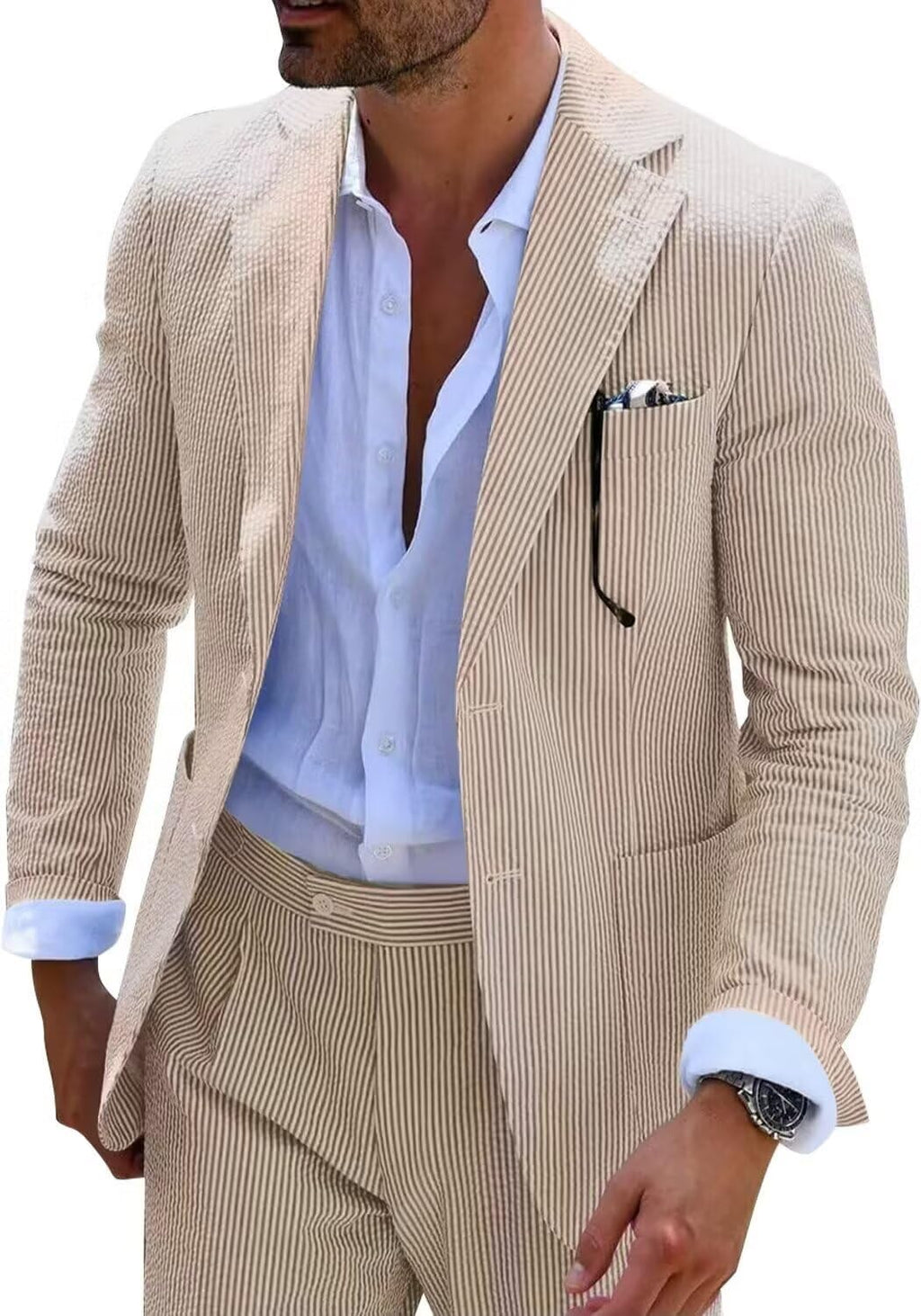 Wehilion Men's Seersucker Summer Suit Groom Wedding Seersucker Outfit Slim Fit Formal Suit Set for Men