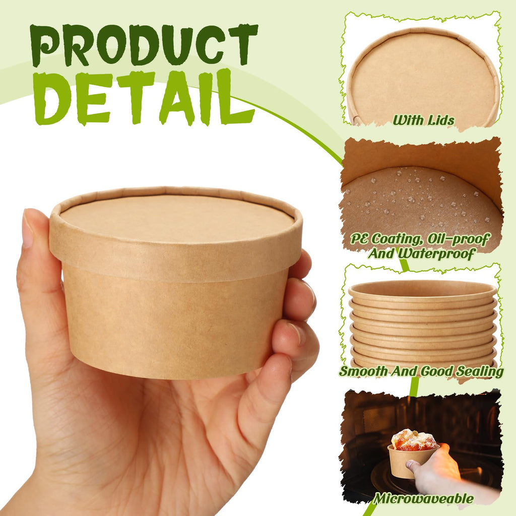 Fulmoon 100 Pack Paper Soup Containers with Lids Disposable Paper Food Containers with Vented Lid Kraft Ice Cream Cake Dessert Cups Soup Bowl for Party Hot Food Fruit Microwave(4 oz,Brown)