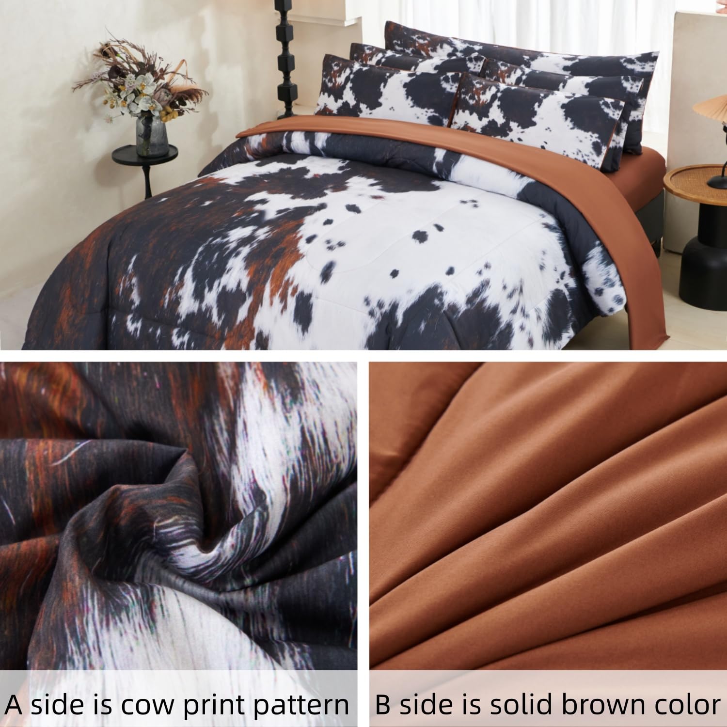SUCSES Full Size Comforter Set with Sheets 8 Piece Cow Print Bedding Set for Boys Girls Black and White Kids Bed-in-A-Bag Farmhouse Rustic Bed Set for Bedroom (Milk Cow, Full)