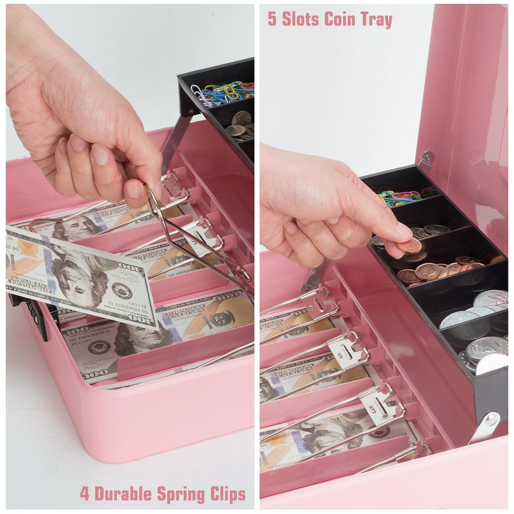 Cash Box with Money Tray and Key Lock, Saving Lock Box with Money Tray Storage for Cash Register 11.8"x9.45"x3.54" Black XL Large