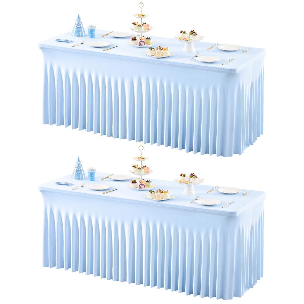 1 Pack Baby Blue Table Clothes for 4 Foot Rectangle Tables, One-Piece Wrinkle Resistant Stretch Spandex Table Covers with Skirt for Event Banquet Wedding Birthday Party