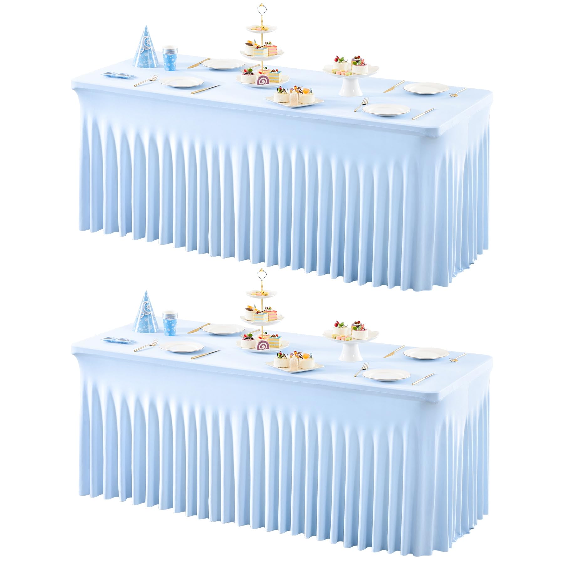 1 Pack Baby Blue Table Clothes for 4 Foot Rectangle Tables, One-Piece Wrinkle Resistant Stretch Spandex Table Covers with Skirt for Event Banquet Wedding Birthday Party