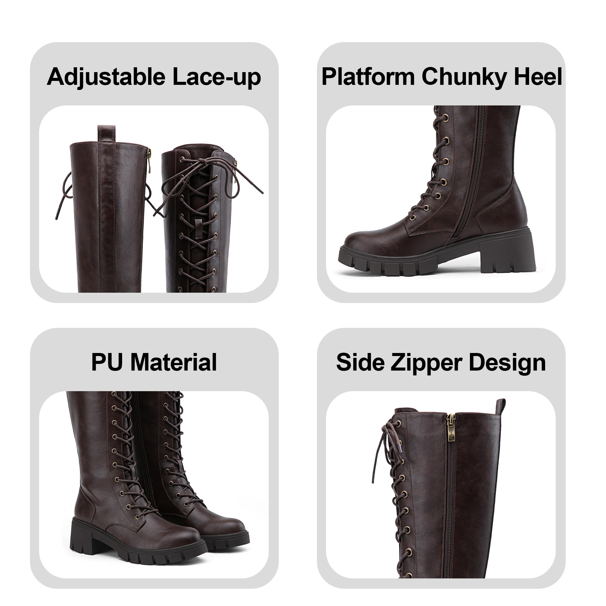 Jeossy Women's Knee High Combat 9603 Boots, Tall Platform Chunky Heel Boots Wide Claf