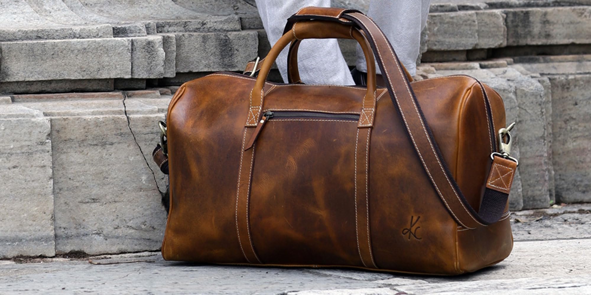 KomalC Leather Duffle Bags for Men and Women Travel Overnight Weekend sports bag holdall Gym Duffel for Men (Dark Tan, 20 Inch)