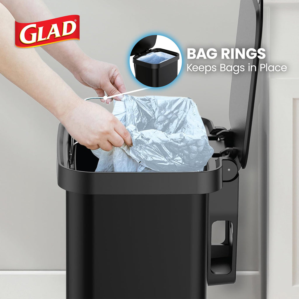 Glad 13 Gallon All Brushed Stainless Steel Trash Can with Clorox Odor Protection | Large Metal Kitchen Garbage Bin with Soft Close Lid, Garbage Bag Rings, Step On Foot Pedal and Waste Bag Roll Holder