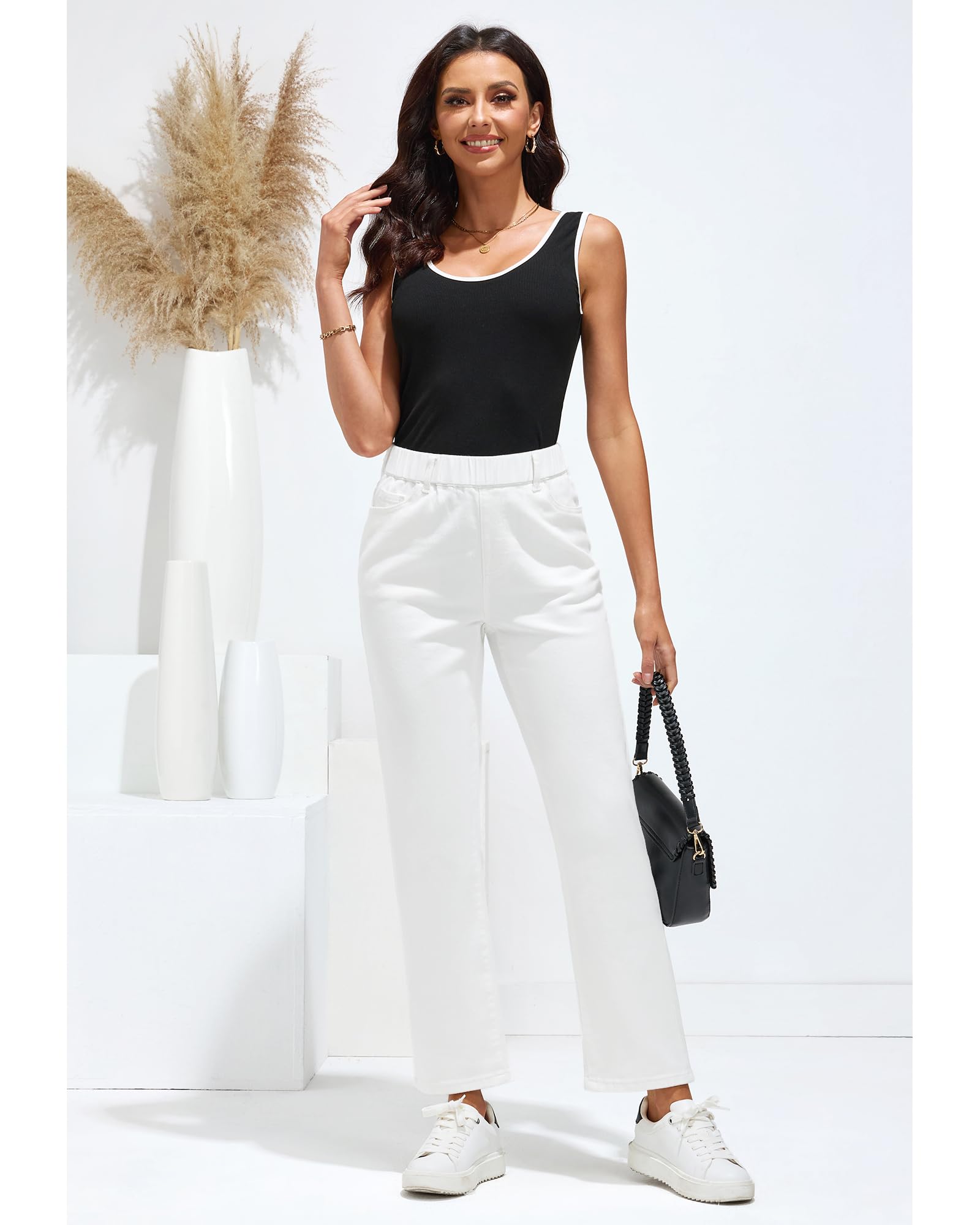 GRAPENT Straight Leg Jeans for Women Trendy Pull On High Waisted Cropped Elastic Waist Stretchy Denim Pants Ankle Jeans