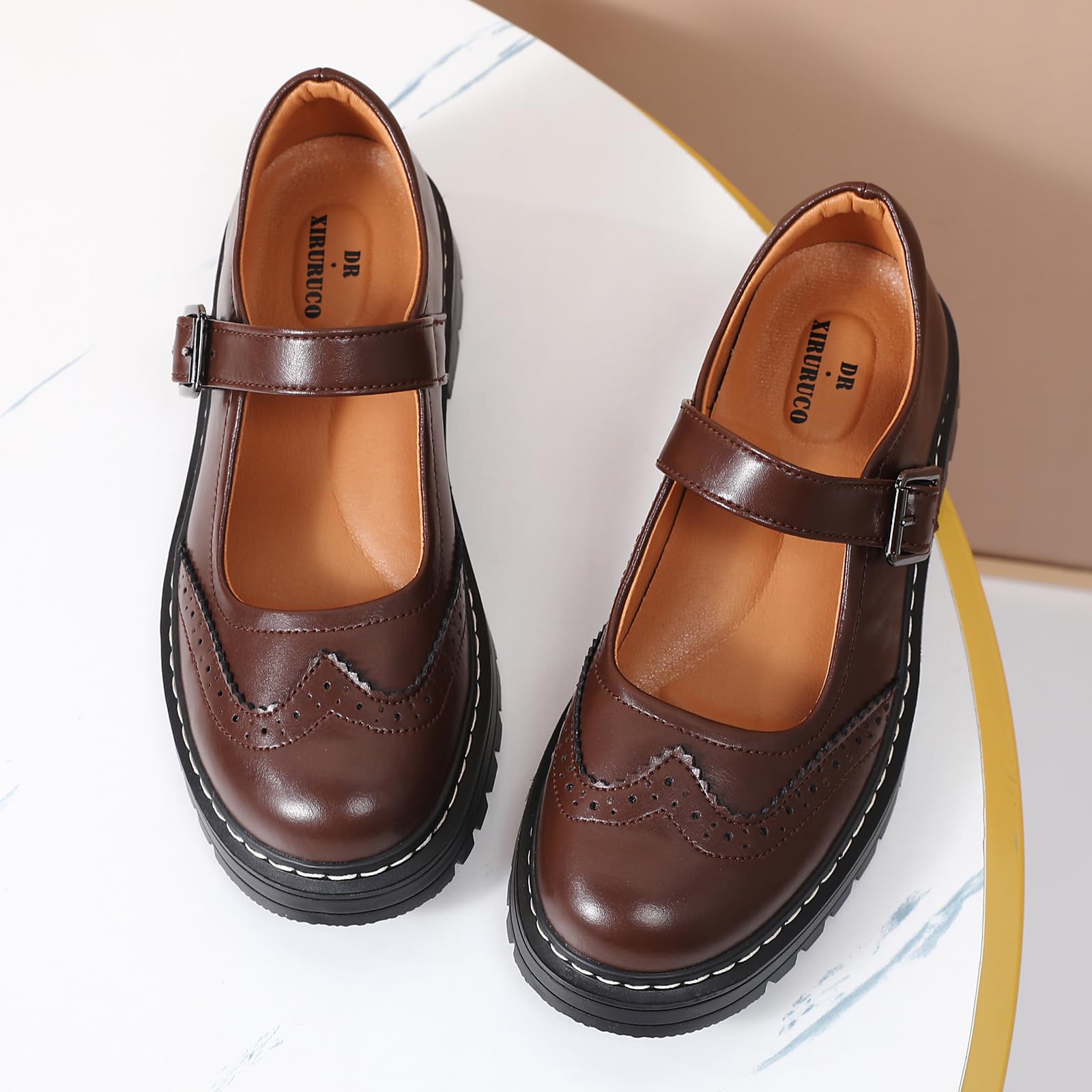 Mary Jane Shoes Women Platform Non-Slip Classics Round Toe Ankle Strap Comfort Casual Oxford Dress Work Mary Jane Flat Shoes