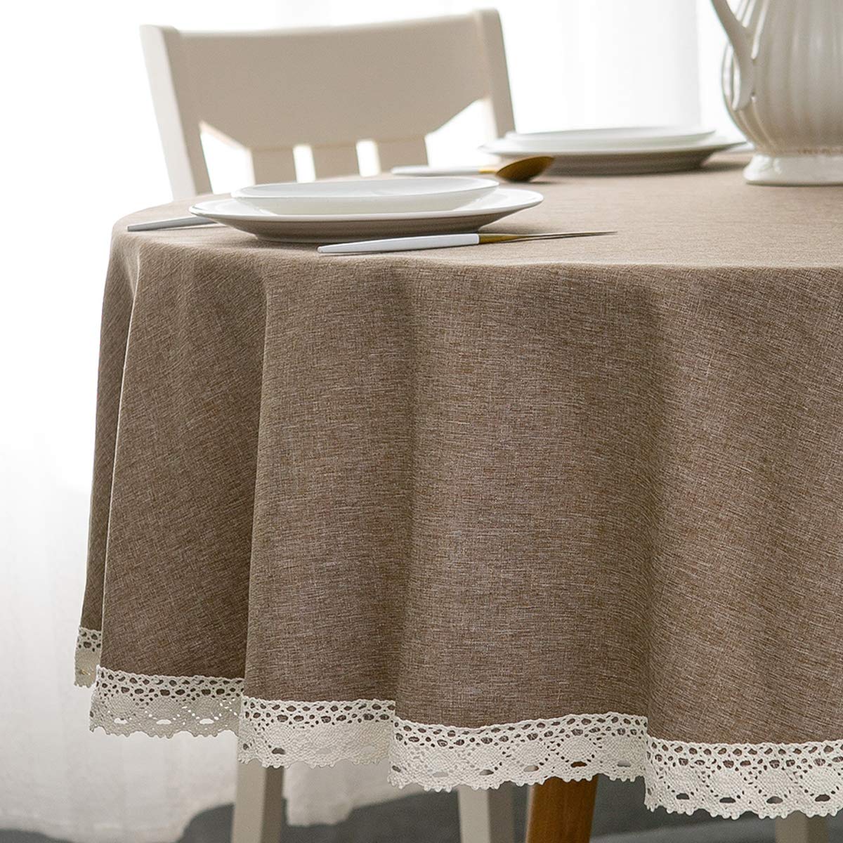 EHouseHome Faux Linen Tablecloth with Lace Trim - Waterproof/Spill Proof/Stain Resistant/Wrinkle Free/Oil Proof - for Banquet, Parties,Dinner,Kitchen,Wedding,Holiday,Blue Fog,Square 52X52Inch