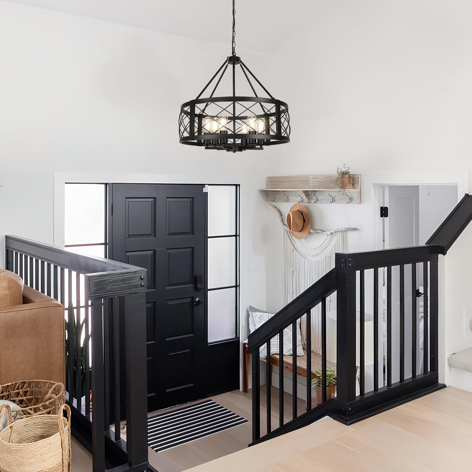 Modern Chandelier for Dining Room, 6-Light Wood Grain Finish Farmhouse Chandelier, 22.5” Rustic Drum Hanging Light Kitchen Island, Round Metal Hanging Light Fixture for Foyer, Entryway, Bedroom
