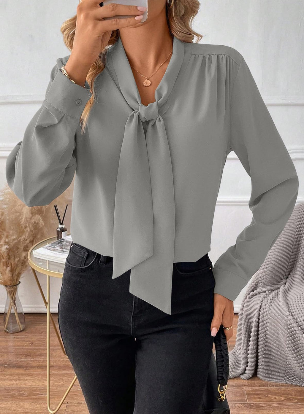 Astylish Women's Bow Tie Neck Tops 2026 Long Sleeve Dressy Loose Casual Elegant Business Work Blouses Shirts