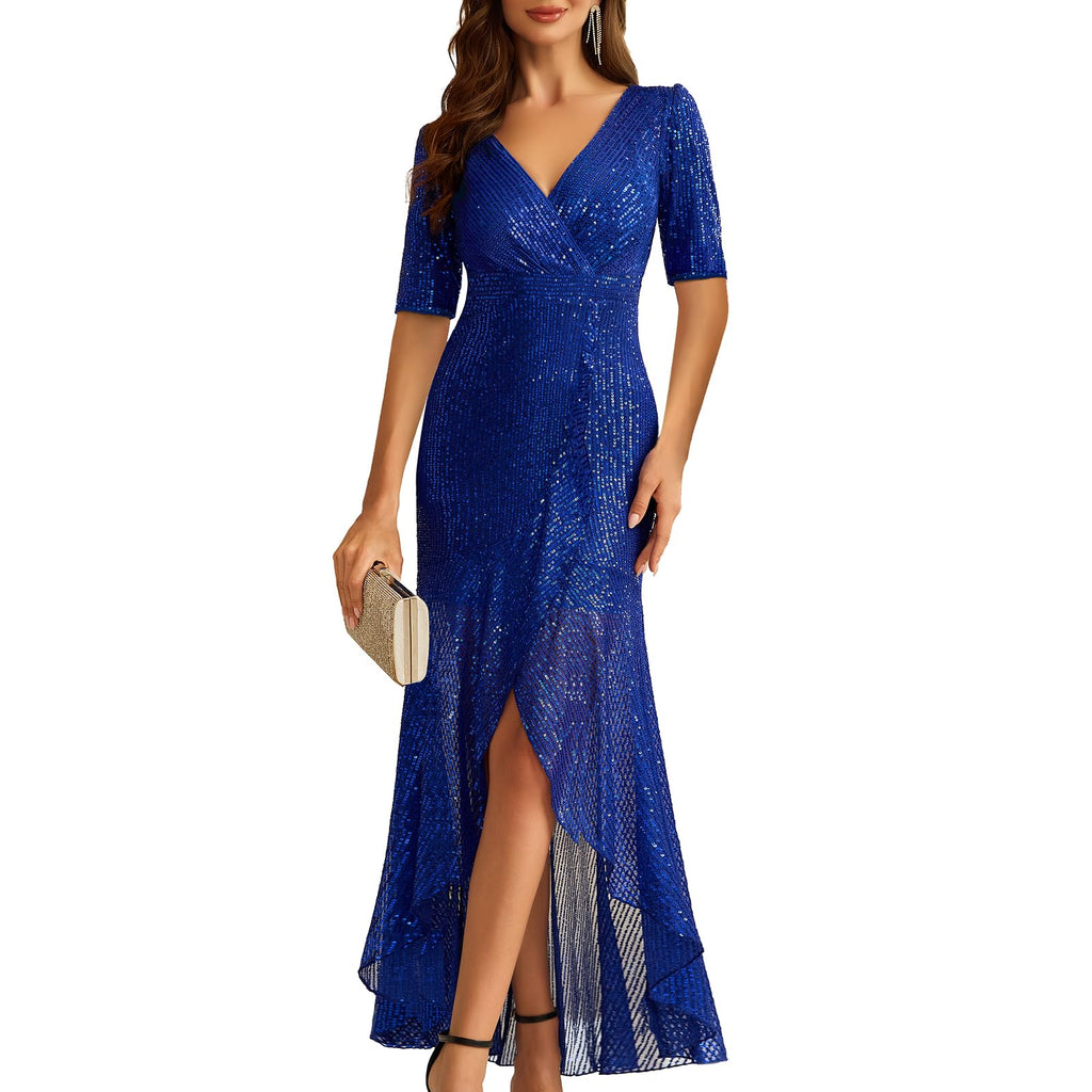 COOAN Women's Long Sequin Formal Dresses Long-Sleeve Cocktail Wedding Guest Dresses Elegant V Neck Party Gowns