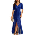 COOAN Women's Long Sequin Formal Dresses Long-Sleeve Cocktail Wedding Guest Dresses Elegant V Neck Party Gowns
