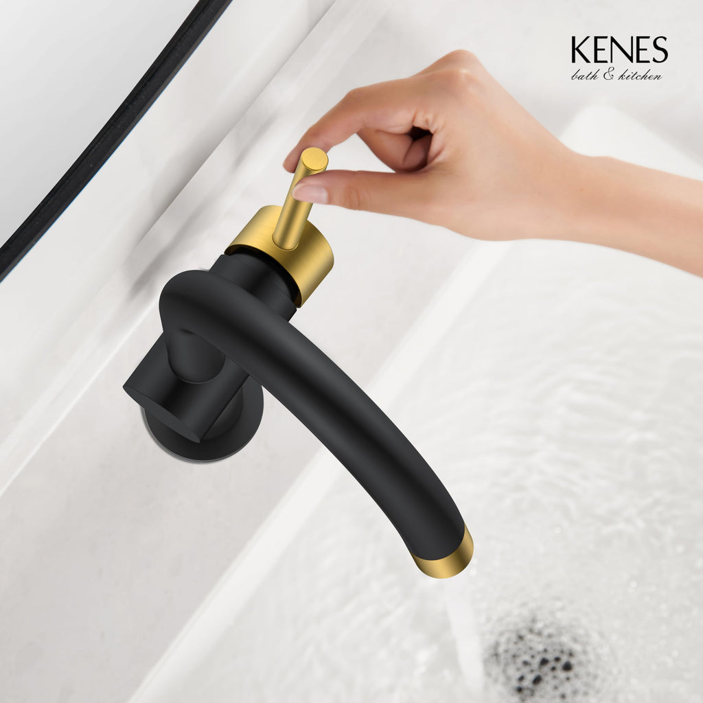 KENES Black and Gold Single Handle Bathroom Sink Faucet, Modern Prep Wet Bar Sink Faucet with Drain Assembly & Deck Plate, Vanity Faucets for Farmhouse RV Camper Utility, KE-9005B-BG