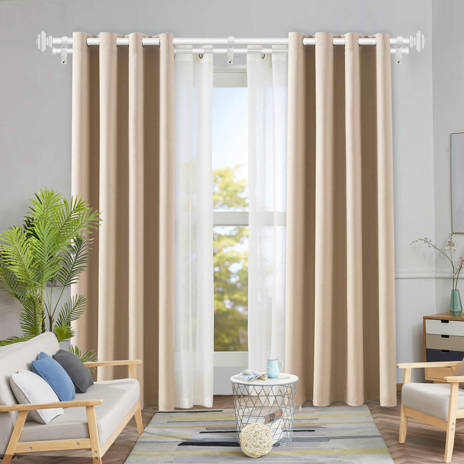 KAMANINA 1 Inch Double Curtain Rods 36 to 72 Inches (3-6 Feet) Telescoping Dark Silver Curtain Rod for Windows 24 to 68 Inches, Heavy Duty Drapery Rods with Square Finials