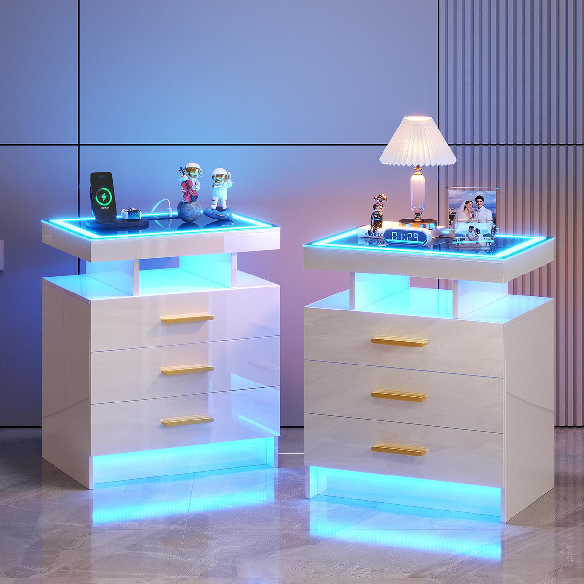 HNEBC LED Nightstand with Charging Station,Smart Bedside Table with Motion Sensor Lights,3 Drawers,Tempered Glass Top,High Gloss End Table with 3 Color Lights for Bedroom, Living Room,Office-Black