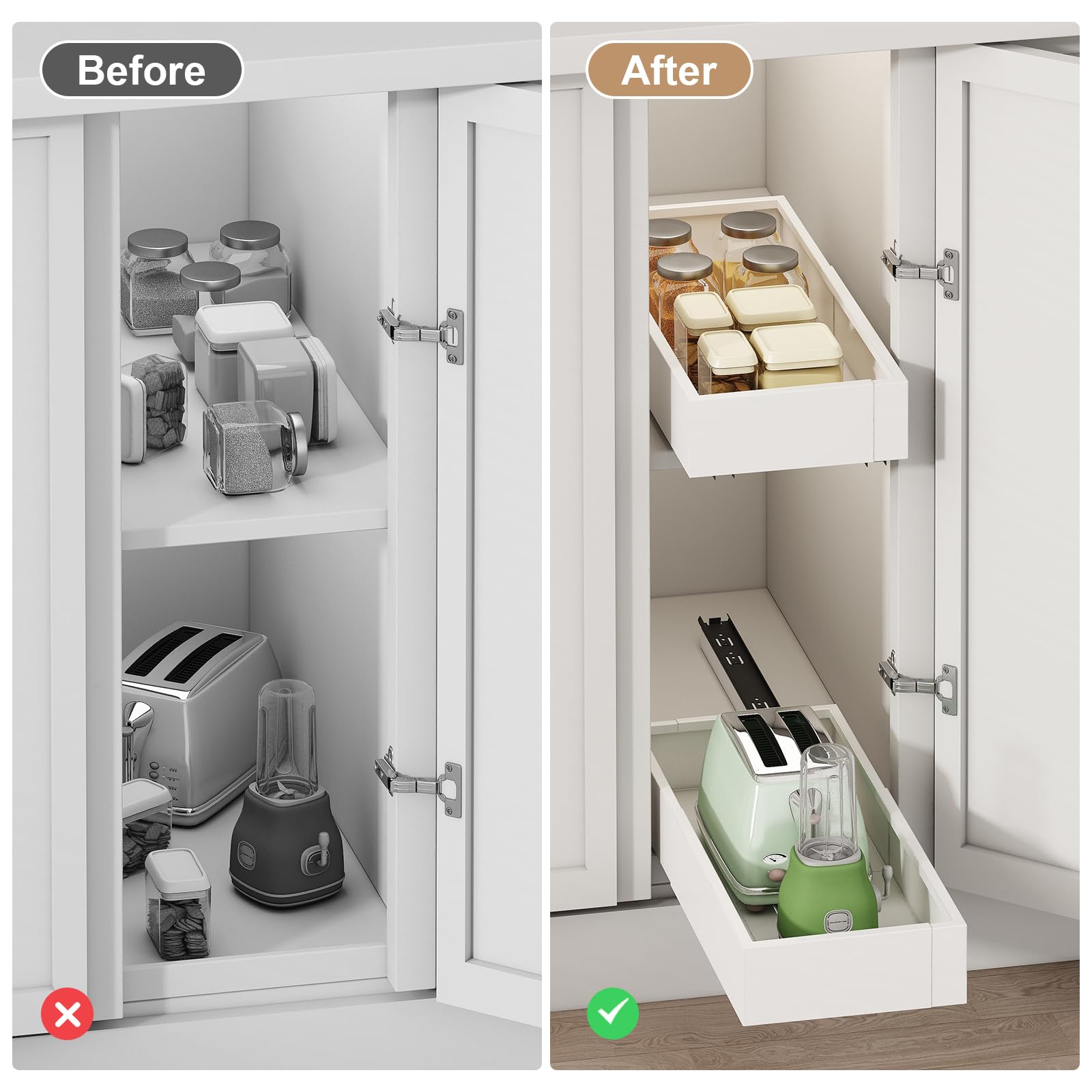 Pull out Cabinet Organizer,Width (11"-16") and Depth (17"-24") Expandable With 3 Rails,No Drill Adjustable Slide out Drawers for Kitchen,Pantry,Adhesive Roll out Shelves,for Cabinets without Lip,Black