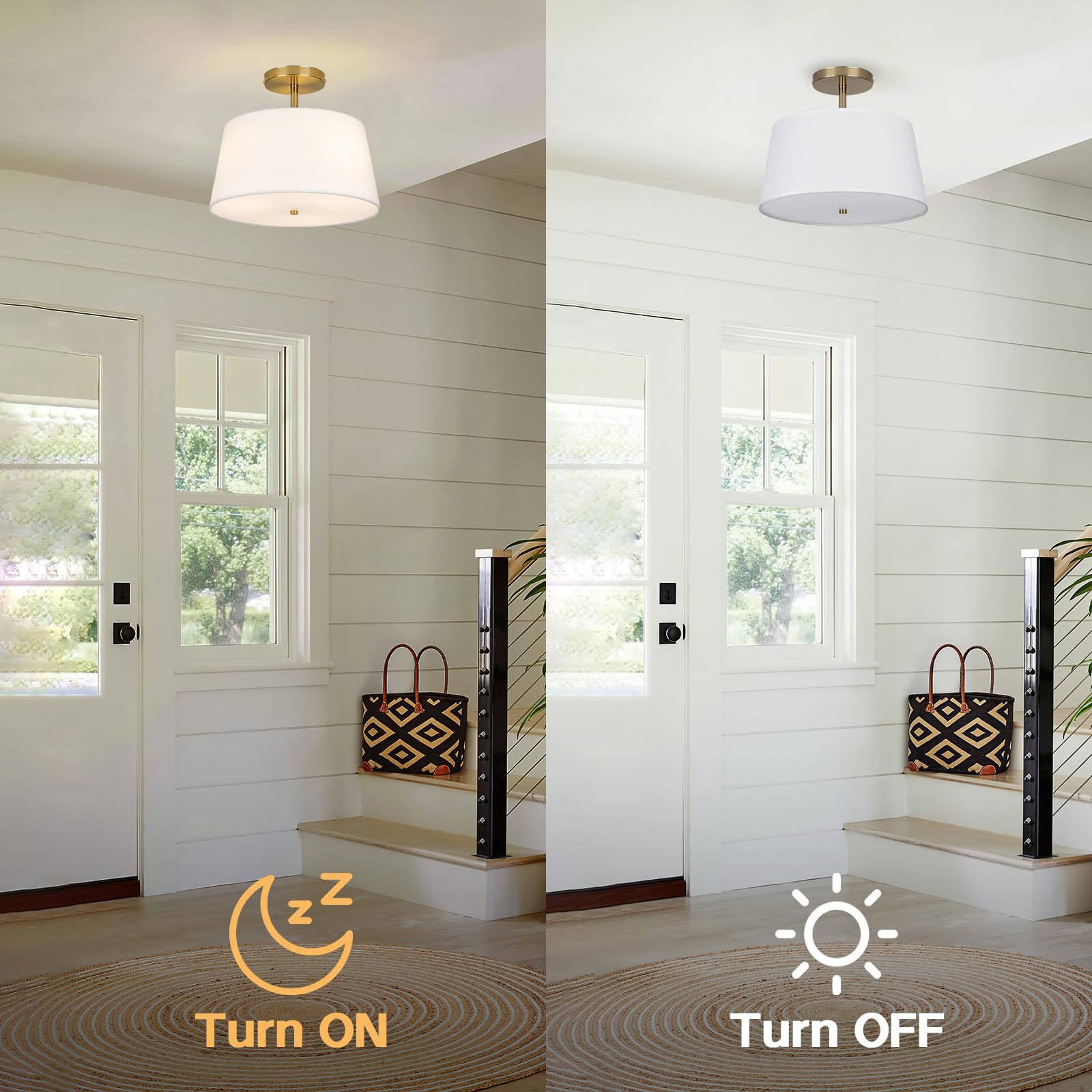 CALOKES Semi Flush Mount Ceiling Light, 11.8" Modern 3-Light Fixture with Petal-Shaped Cream White Fabric Shade and Golden Support Arm, Ideal for Bedroom, Kitchen, Living Room, Hallway, and Entryway