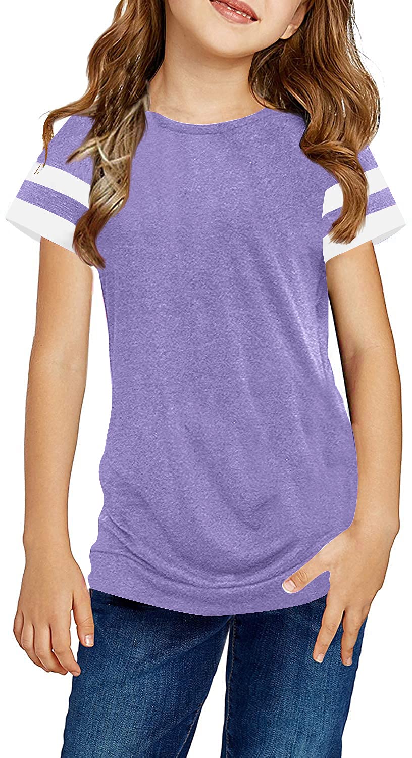 Ebifin Girls Casual Short/Long Sleeve T Shirts Kids Loose Soft Striped Color Block Tunic Tops, Tees Blouses Size 4-15 Years