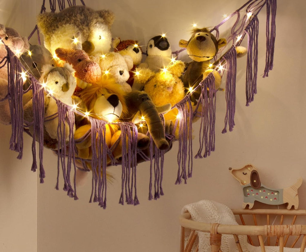 Stuffed Animal Hammock Corner with LED Light - Toy Storage Hammock Plushie Net Large - Cute Stuff Animals Holder Hanging Organizer - Baby Room Decor Kids Toddler Nursery Bedroom Boho