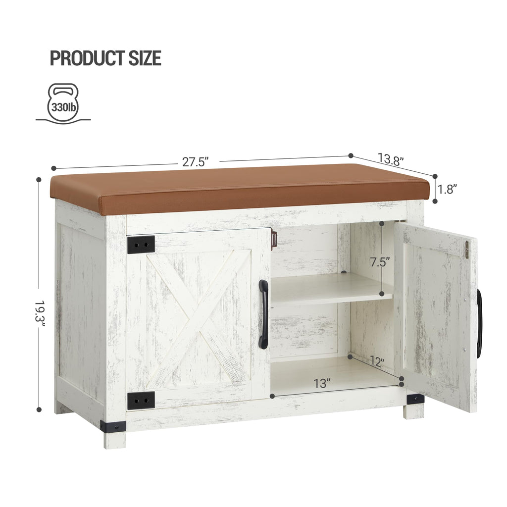 Hzuaneri Shoe Storage Bench, 2 Tier Shoe Bench with Padded Seat Cushion & 2 Barn Doors, Entryway Bench with Adjustable Shelf, Farmhouse Shoe Cabinet for Living Room, Bedroom, Antique White SB26214KA