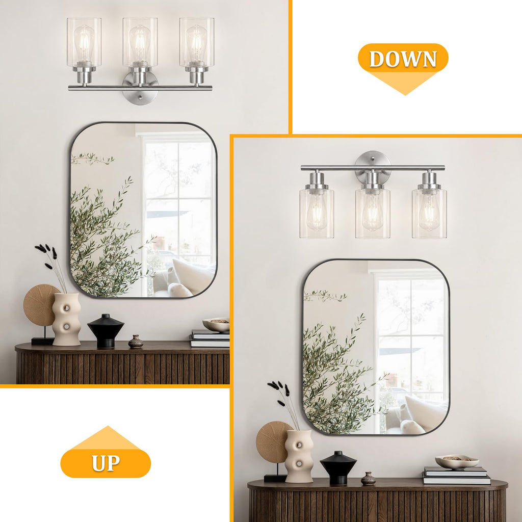 Unicozin 2 Pack Modern Bathroom Light Fixtures, 3 Light Vanity Lights, Black Wall Lamp with Clear Glass for Bathroom, Mirror, Living Room, Bedroom, Hallway, E26 Base