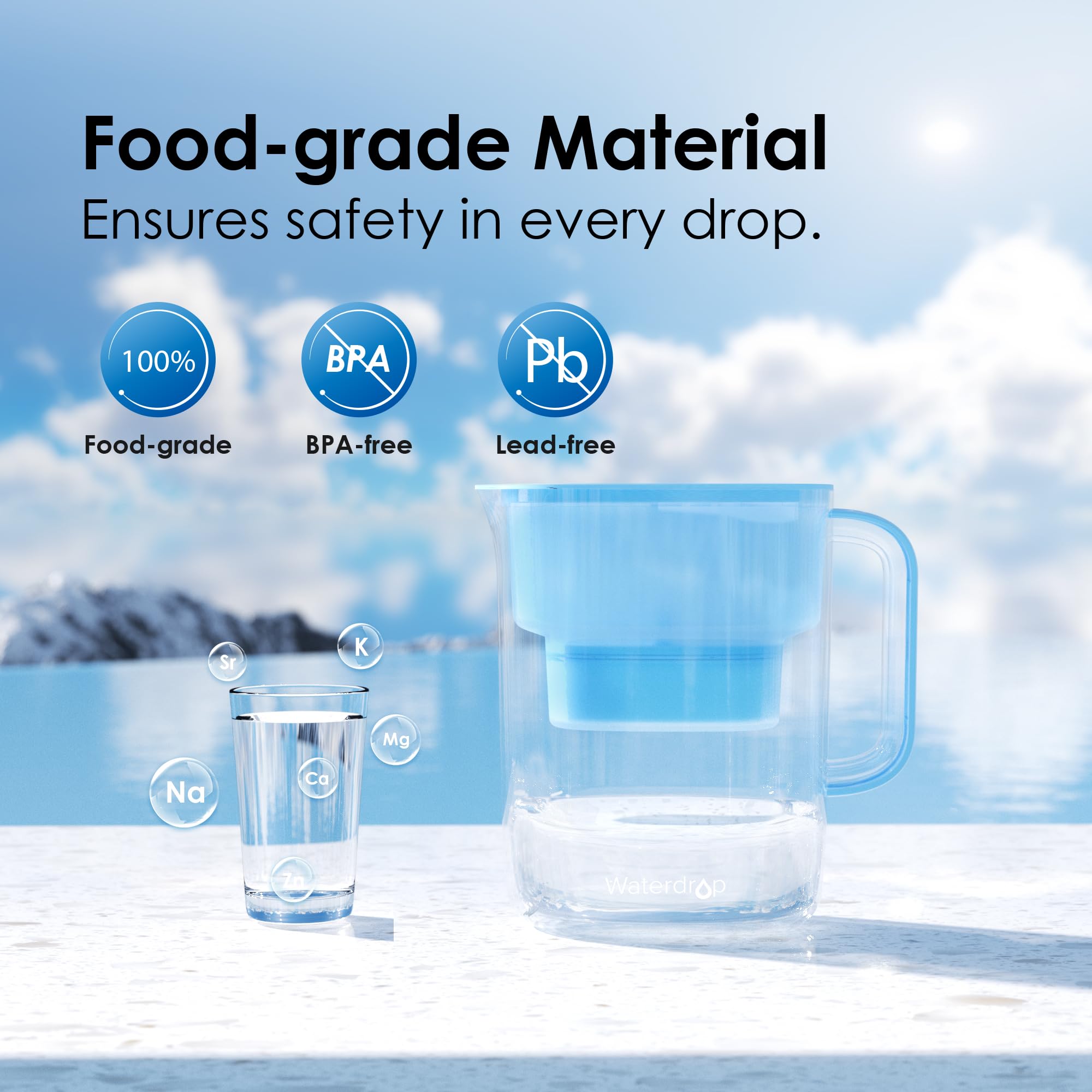 Waterdrop PT-07B Water Filter Pitcher, 10-Cup, NSF Certified Water Filter Pitcher, 200-Gallon Long-Life Filter, Reduces PFOA/PFOS and Chlorine, 5X Longer Filter Life, Blue