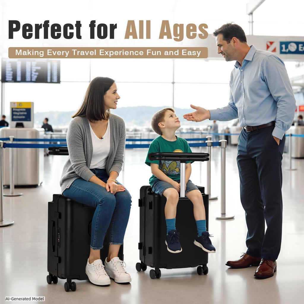 smilesun 20" Carry On Luggage with Seat For Kids & Adults，Hardside Ride On Suitcase Front Opening with 360°Spinner and TSA Lock For Travel (Black with Front Open, 20")