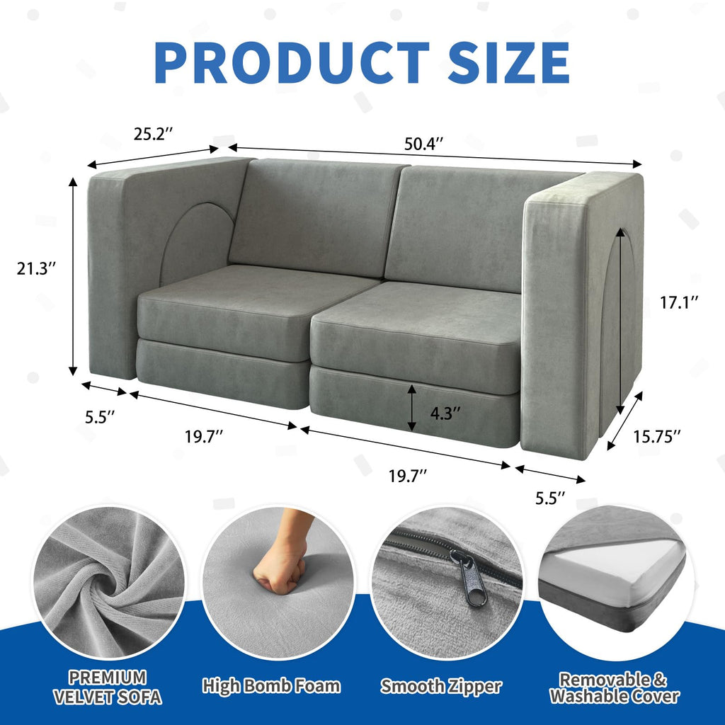 wanan Kids Couch 10PCS, Modular Kids Play Couch for Playroom Bedroom, 10 in 1 Multifunctional Kid Sofa for Playing, Creativing, Sleeping, Indoor Toddler Couches for Boys and Girls(Dark Grey)