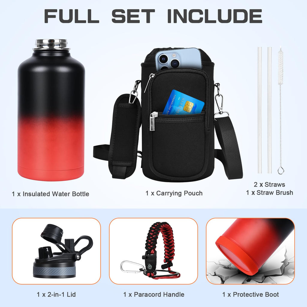 GAZLEMHO 40 oz Insulated Water Bottle with Straw& Spout 2-in-1 Lid, Triple Wall Vacuum Stainless Steel Cold 48H, Leak Proof Sports Metal Flask Jug with Paracord Handle, Black