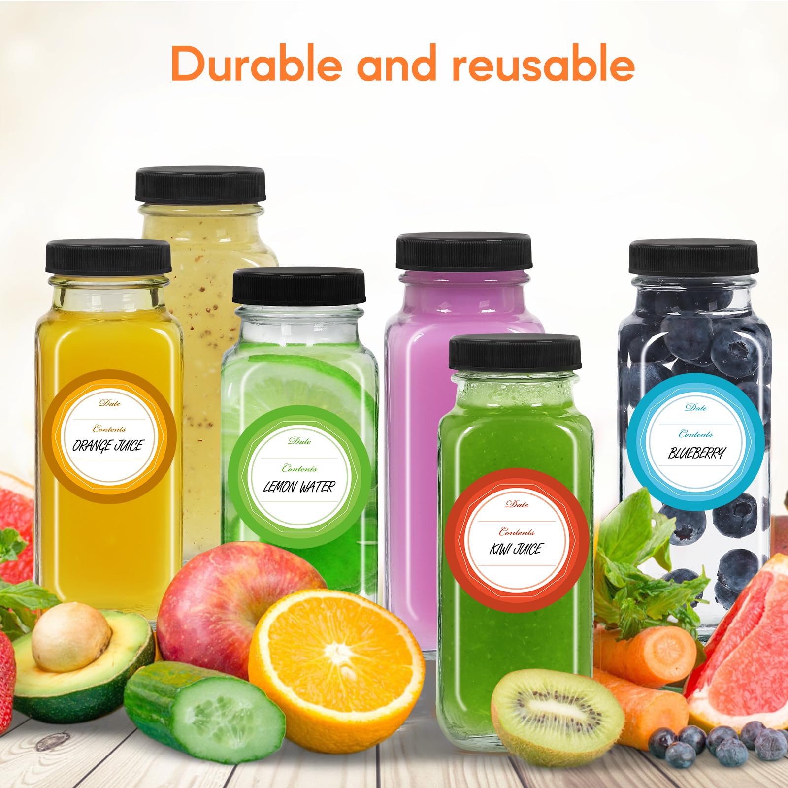 STARSIDE 8 oz Glass Juice Bottles with Lids 12 Pack - Square Reusable Drinking Jars for Juicing, Milk, Kombucha - Includes 1 Bottle Brush, 12 Colored Labels