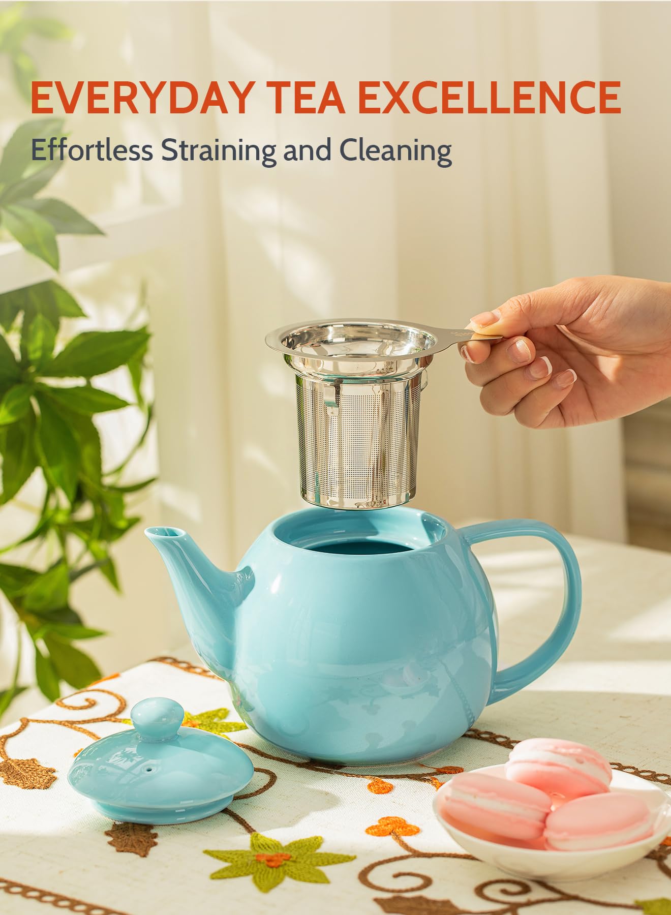 Sweese Porcelain Teapot 27 oz with Infuser for Loose Leaf Tea, Bluish Grey