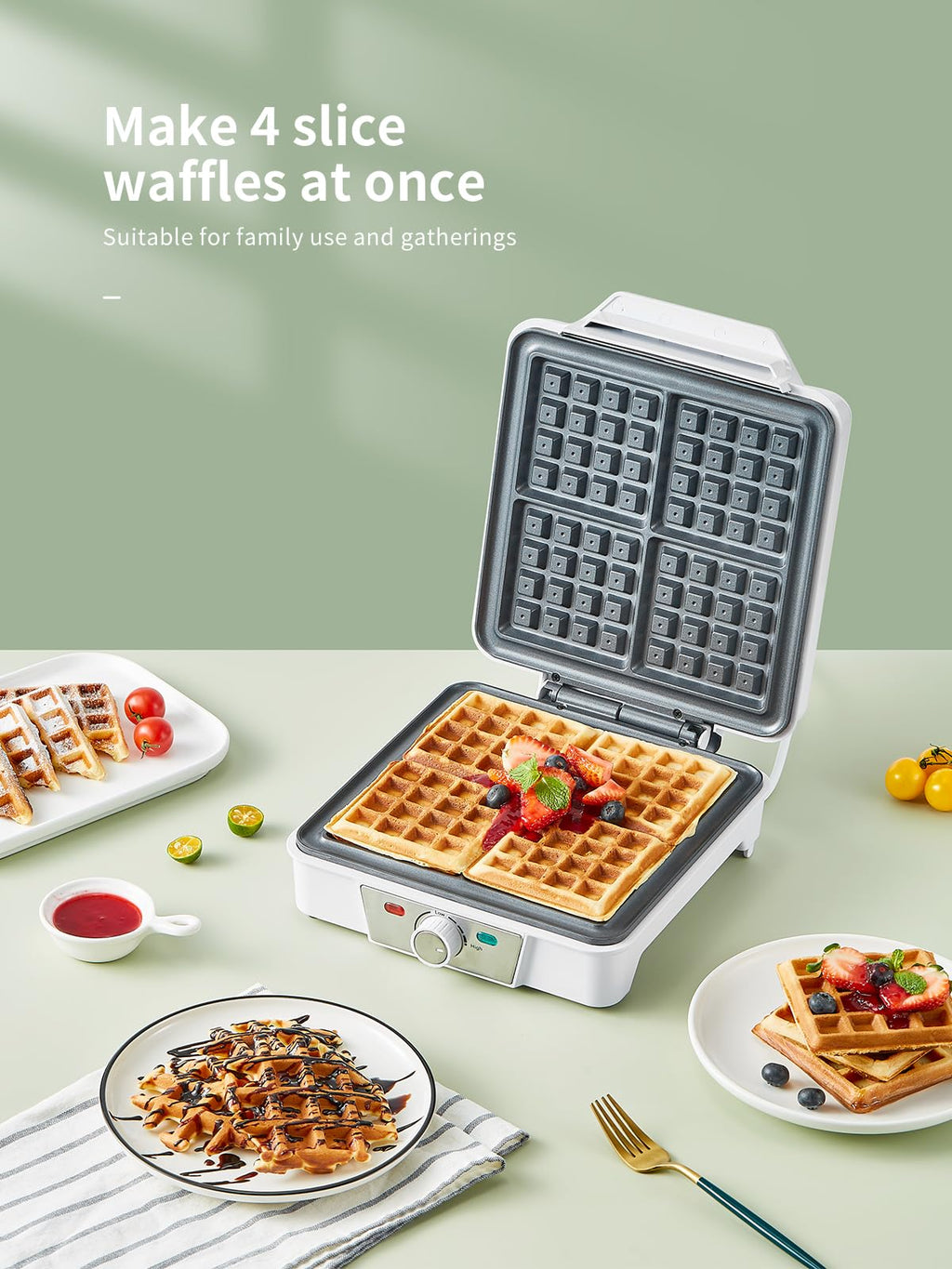 Belgian Waffle Maker 4 Slices, 1200W Waffle Iron, Anti-Overflow Waffle Iron with Browning Knob, Nonstick Plates, Indicator Lights, Silver/Black (Black, Silver)