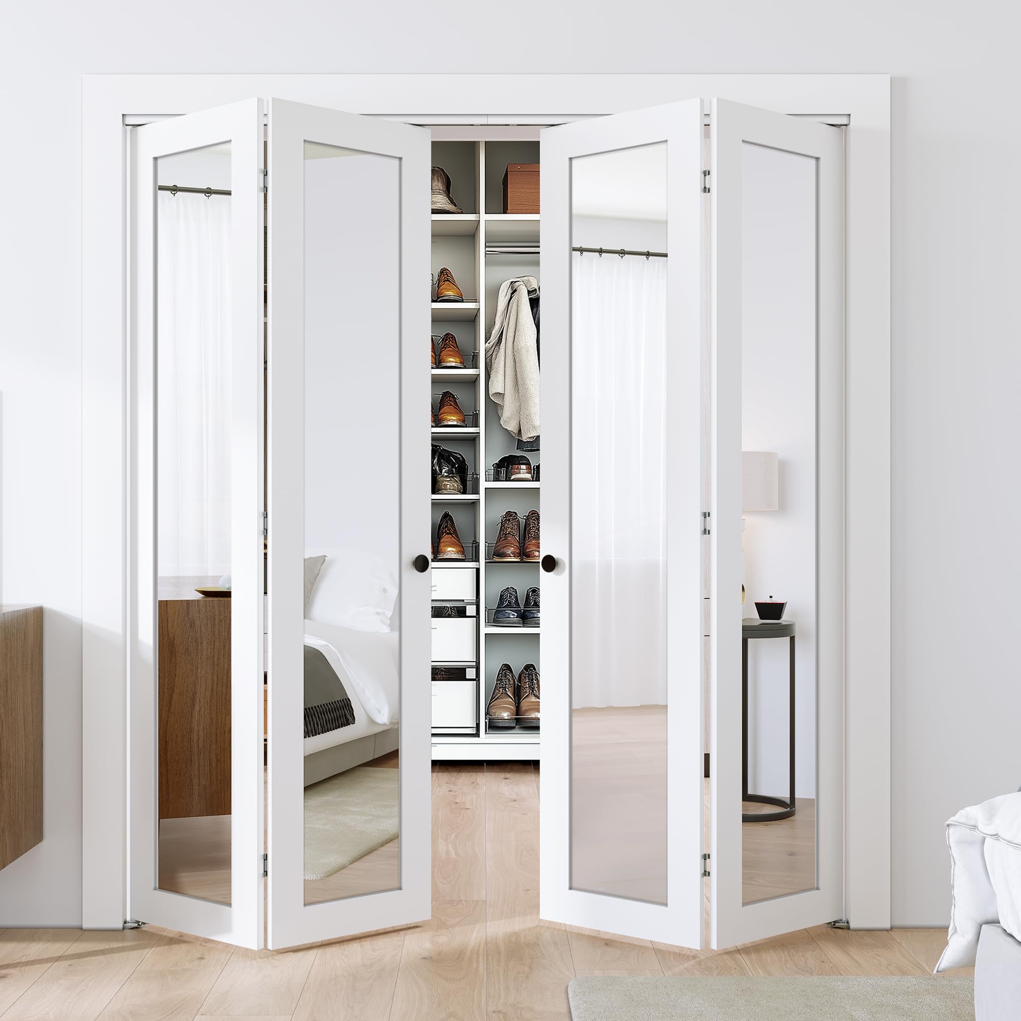 SMARTSTANDARD Bifold Doors, Mirror Closet Doors for 24''（12" x2） x 80" with Sliding Hardware Kit Set, Interior Bi Fold Door for Closet, Easy Install, MDF, White