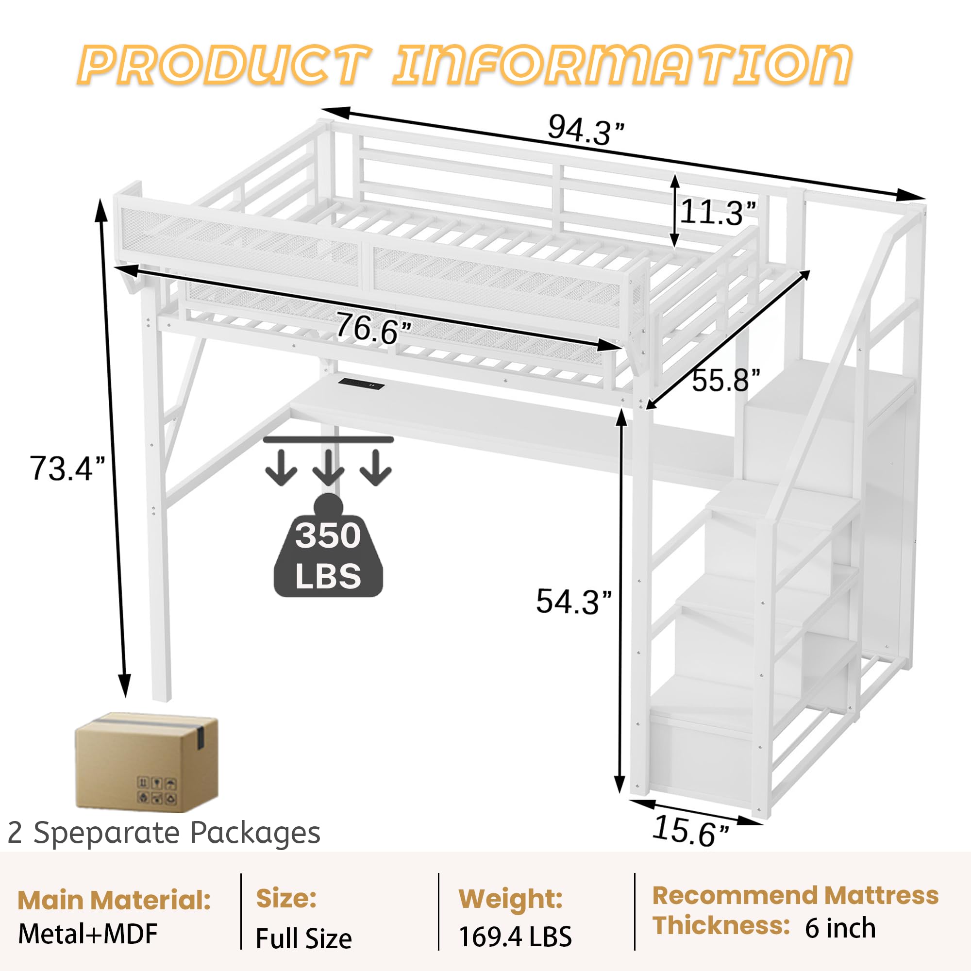 Mirightone Full Size Loft Bed with Stairs, Metal Loft Beds, High Loft Bed Frame with Storage Shelves, Lofted Full Bed with Wardrobe for Kids and Teens, No Box Spring Needed (Black)