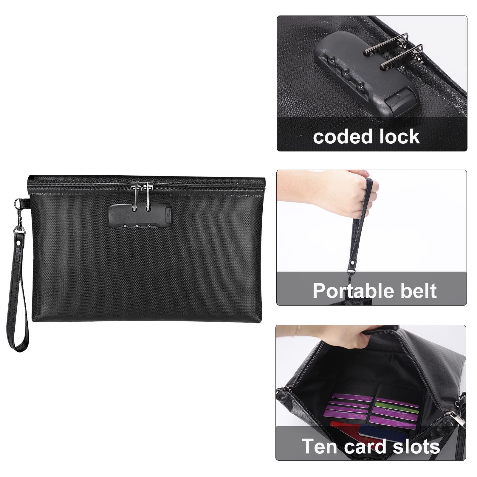 Fireproof Money Bag with Lock, 11.2"x7.6" Fireproof Cash Bag with Zipper Closure, Storage Pouch for A5 Size Document, Cheque, Cash, Cell Phone, Tablet, Credit Card, Passport, Jewelry (Black)