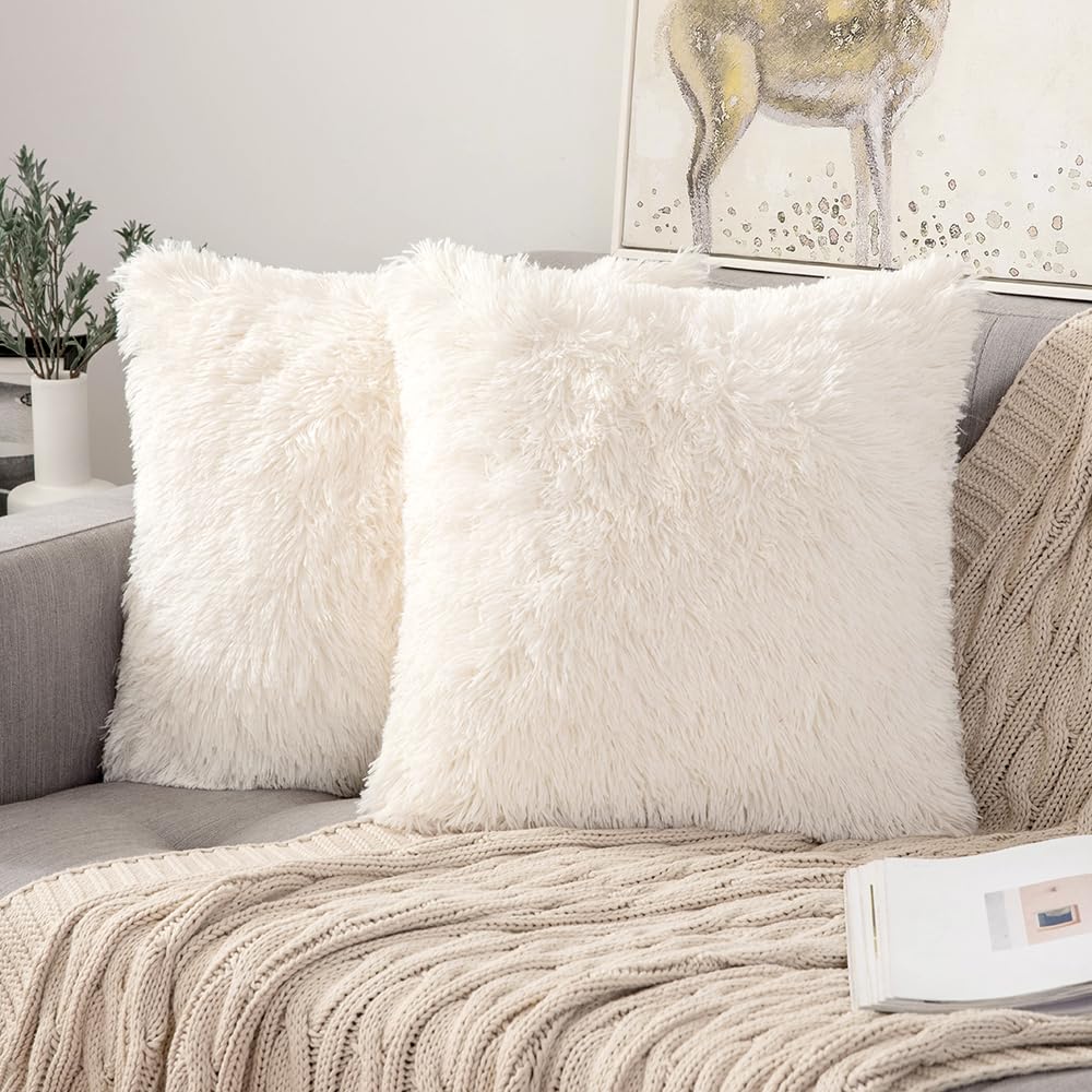 ANRODUO Pack of 2 Baby Pink Throw Pillow Covers Luxury Fluffy Pillows Faux Fur Decorative Pillows Plush Cushion Case Fuzzy Mongolian Merin Style for Bed Couch Sofa Living Room Summer Decor 16x16 Inch