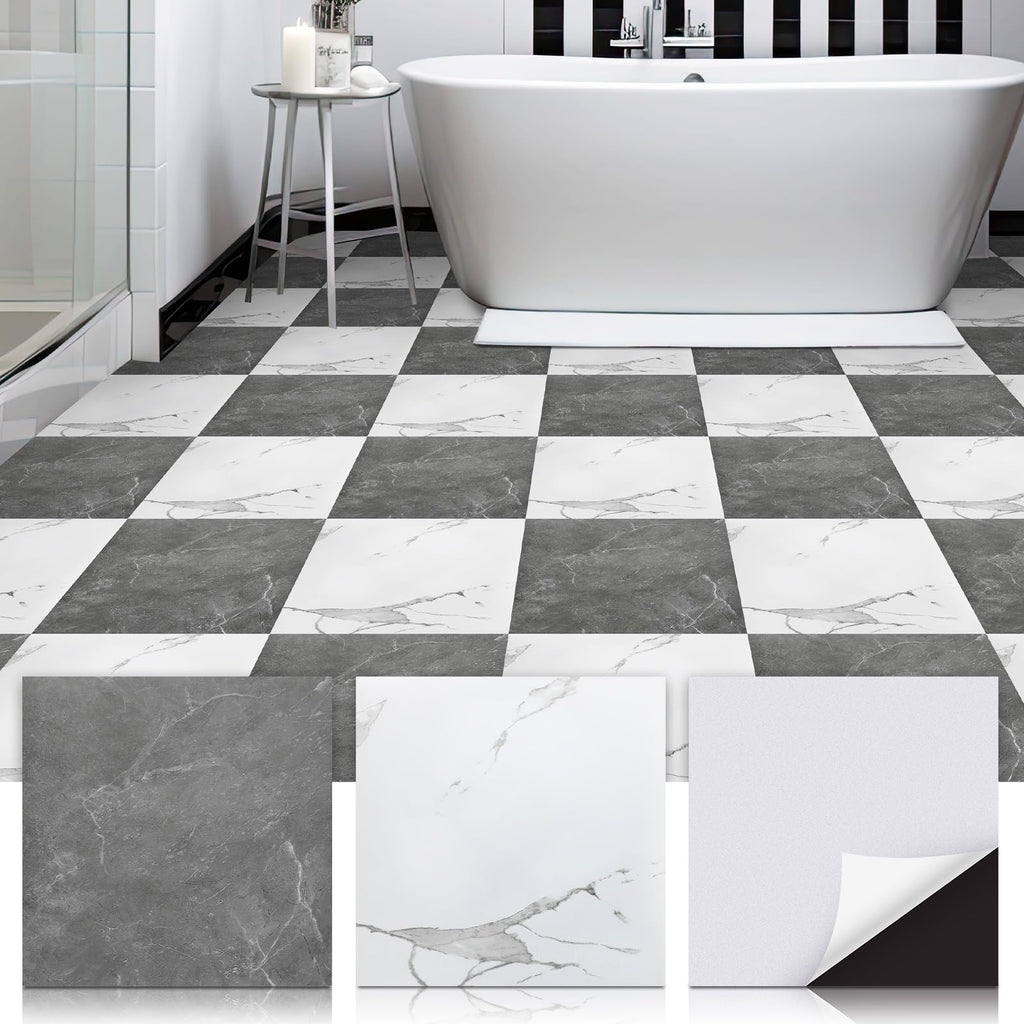 Spiareal 48 Pieces Peel and Stick Floor Tiles Vinyl Flooring 12 x 12 Inch Stick on Floor Tile Self Adhesive Waterproof DIY for Bathroom Kitchen Bedroom Living Room(Black Marble)