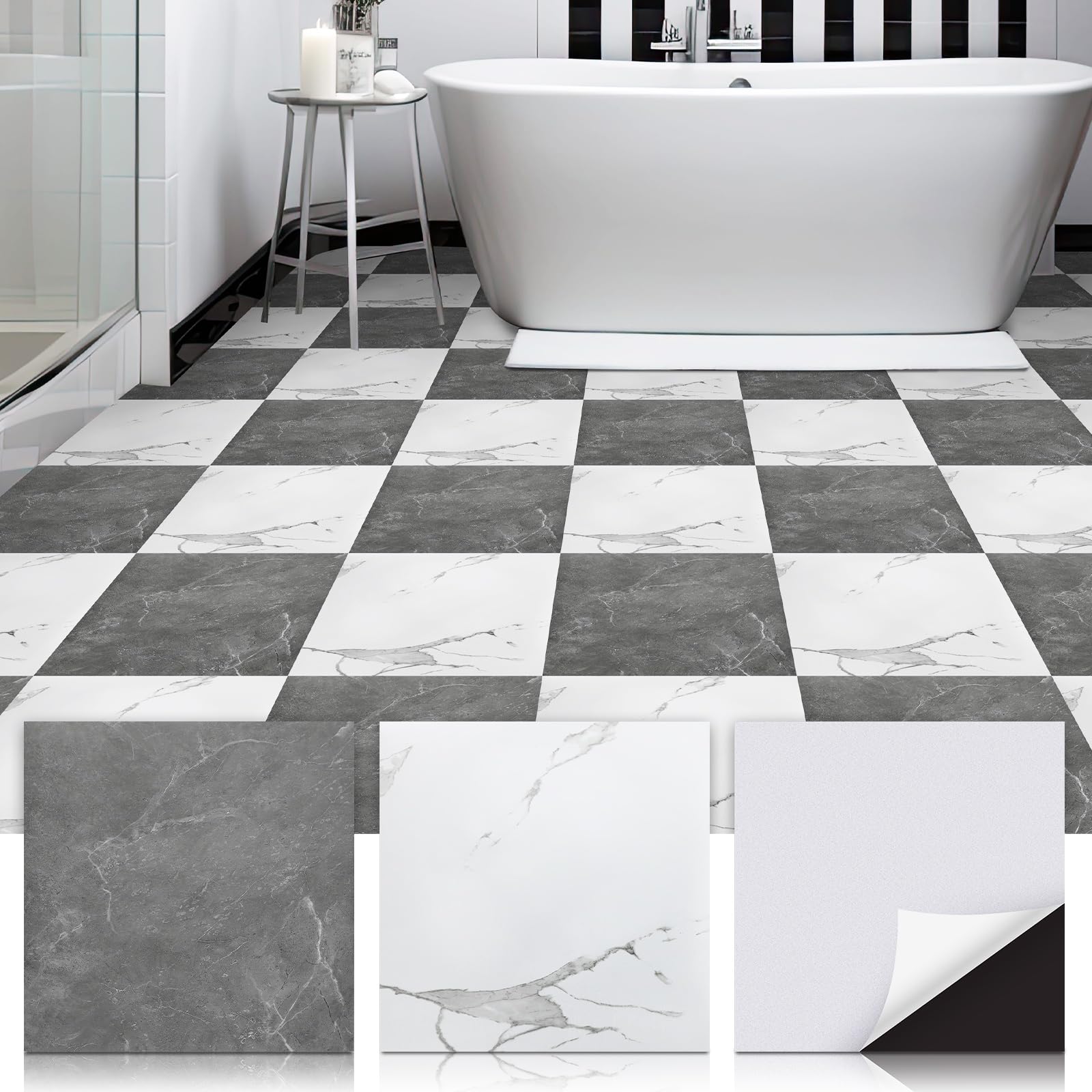 Spiareal 48 Pieces Peel and Stick Floor Tiles Vinyl Flooring 12 x 12 Inch Stick on Floor Tile Self Adhesive Waterproof DIY for Bathroom Kitchen Bedroom Living Room(Black Marble)