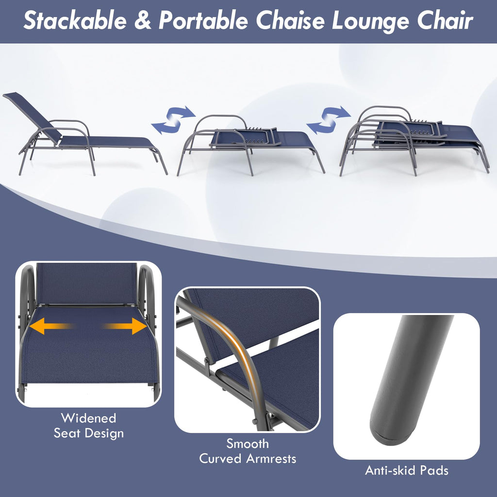 Giantex Patio Lounge Chair, Outdoor Chaise Lounge with 5 Adjustable Backrest, Sturdy Steel Frame, Sunbathing Recliner, Beach Chair, Tanning Chair for Outside, Yard, Balcony, Pool Chairs, Black