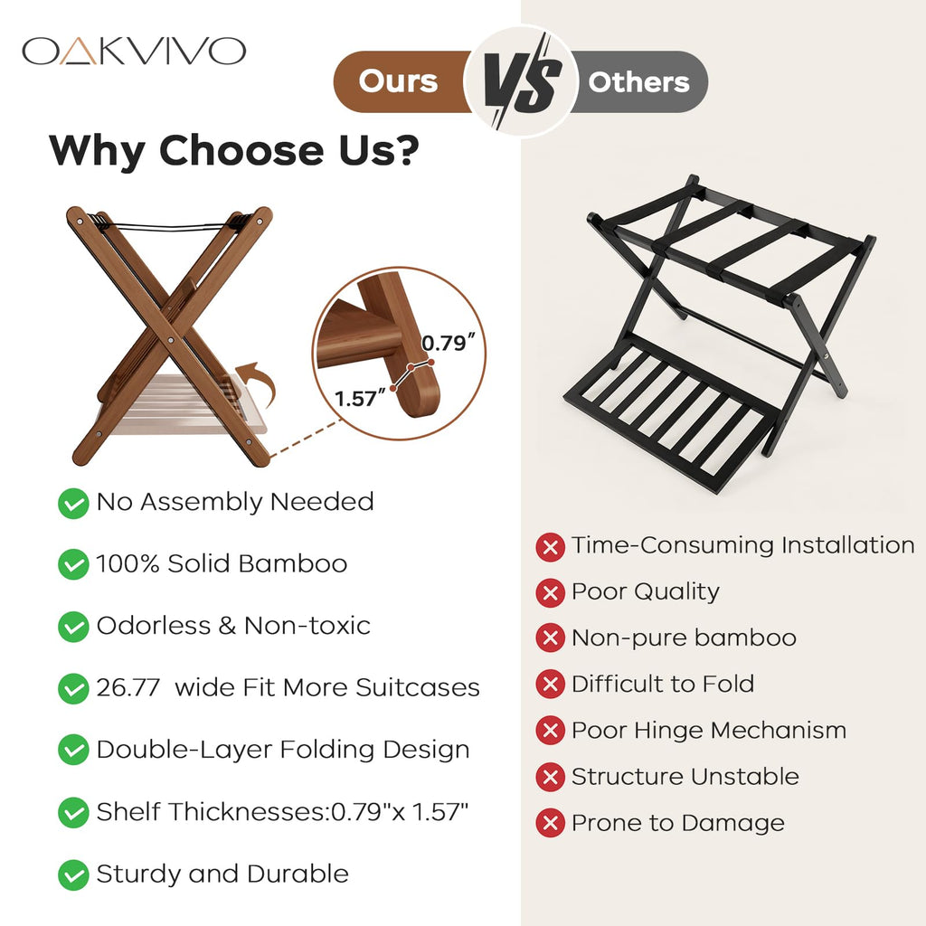 oakvivo Fully Assembled Black Luggage Rack for Guest Room, Bamboo Foldable Suitcase Stand with 5 Nylon Straps, Upgraded Luggage Rack Holder with Shelf for Bedroom Hotel, Holds up to 165 Lbs, 1pcs