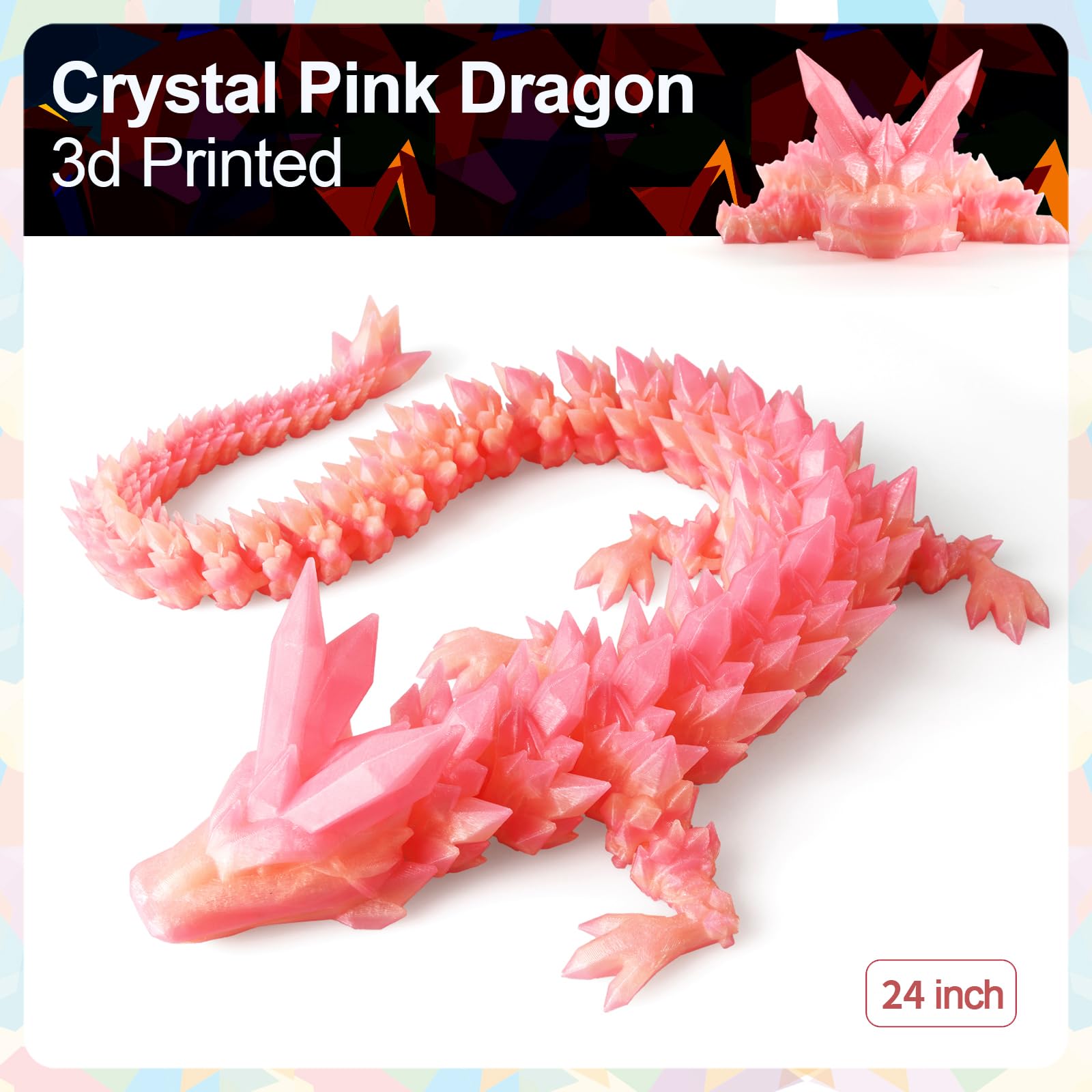 24" Large 3D Printed Dragon - Huge Articulated Crystal Dragon Fidget Toy, Giant Flexible 3D Dragon Figure, Birthday Gift for Boys Girls Kids & Collectors, Home Office Executive Desk Decor