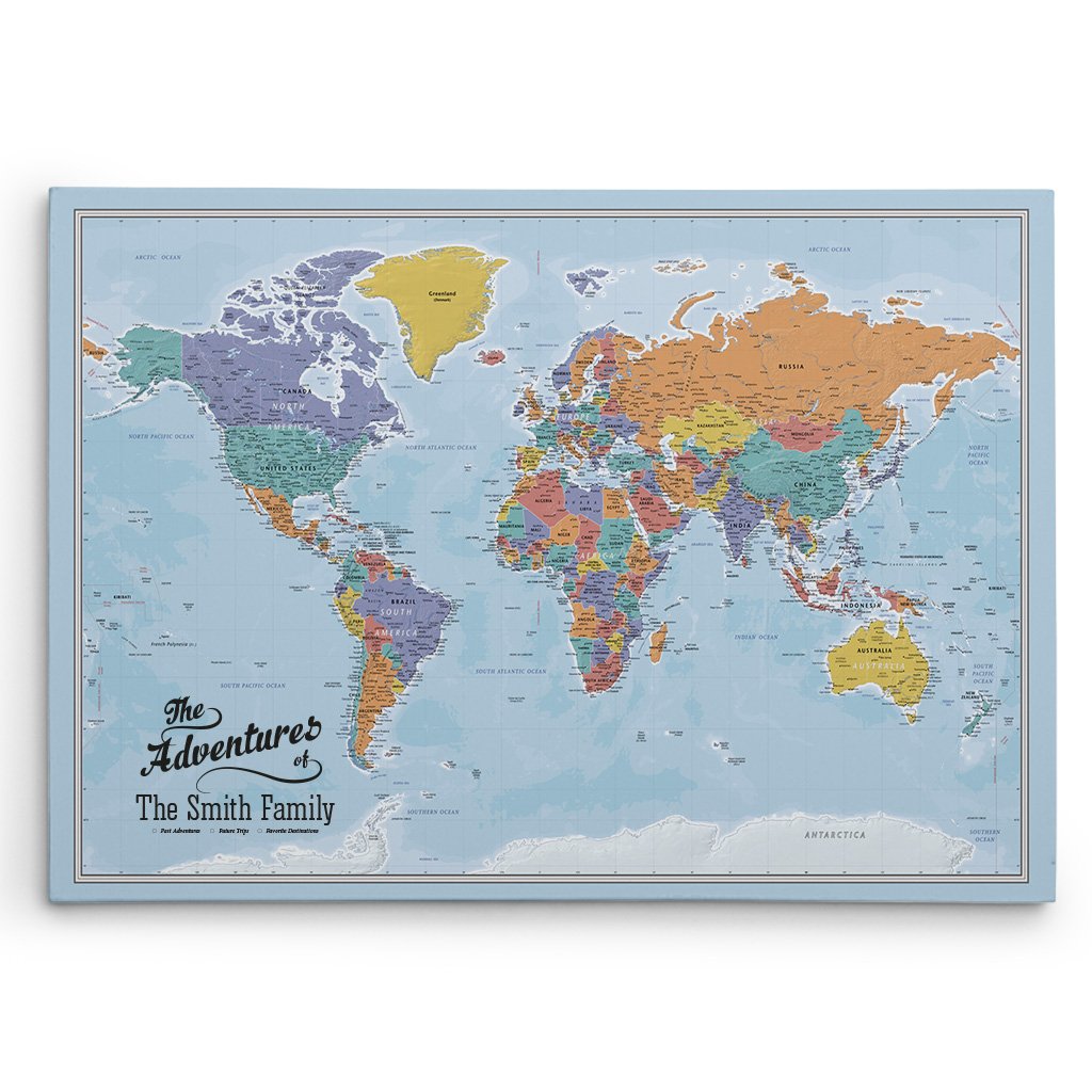Personalized Canvas Rolled Poster World Map Wall Art with Pins – Large 24" x 36" Blue Oceans Map of the World – Push Pin Travel Decor for Home or Office