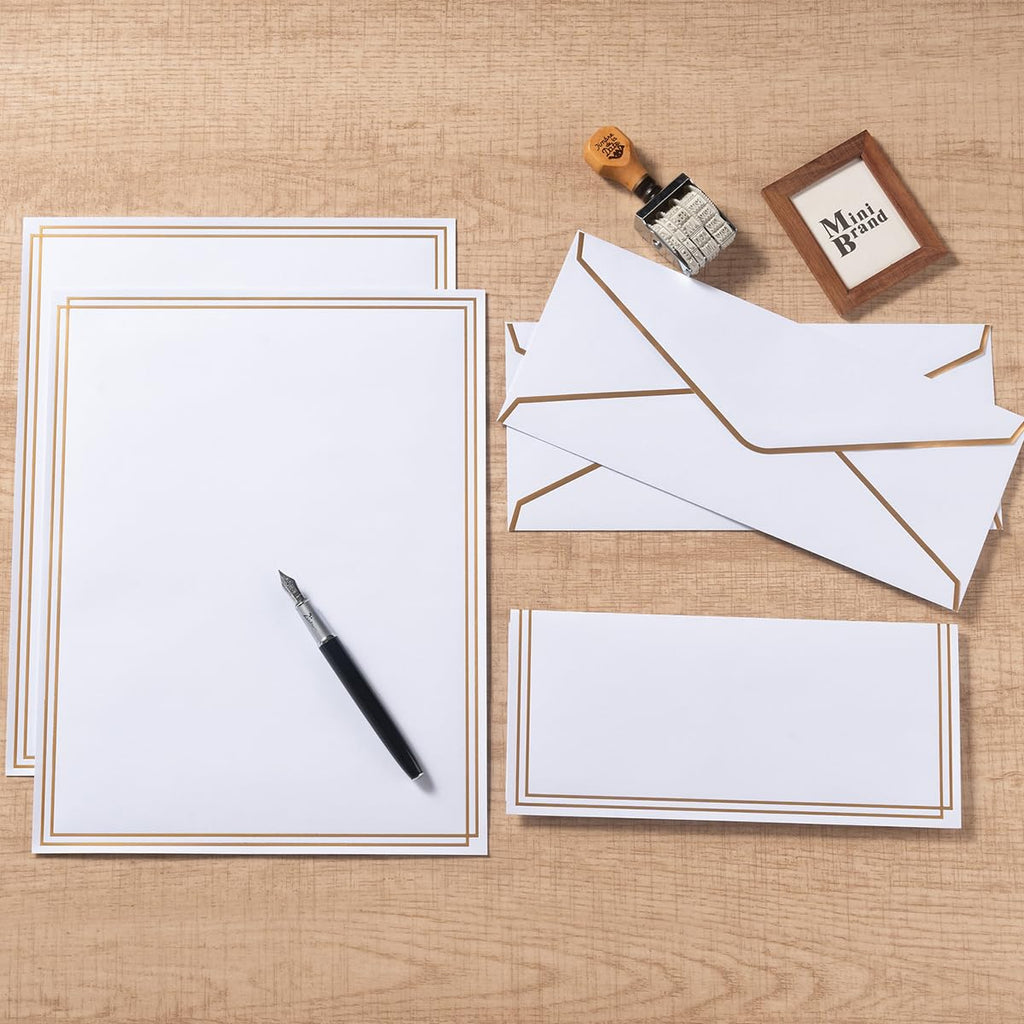 50 Pack Stationery Set with Envelopes, Cream Color, 8.5x11 Inches | Gold Border, #10 Business Envelopes and 8.5x11 Paper Sheets, Stickers for Letter Writing, Invitations
