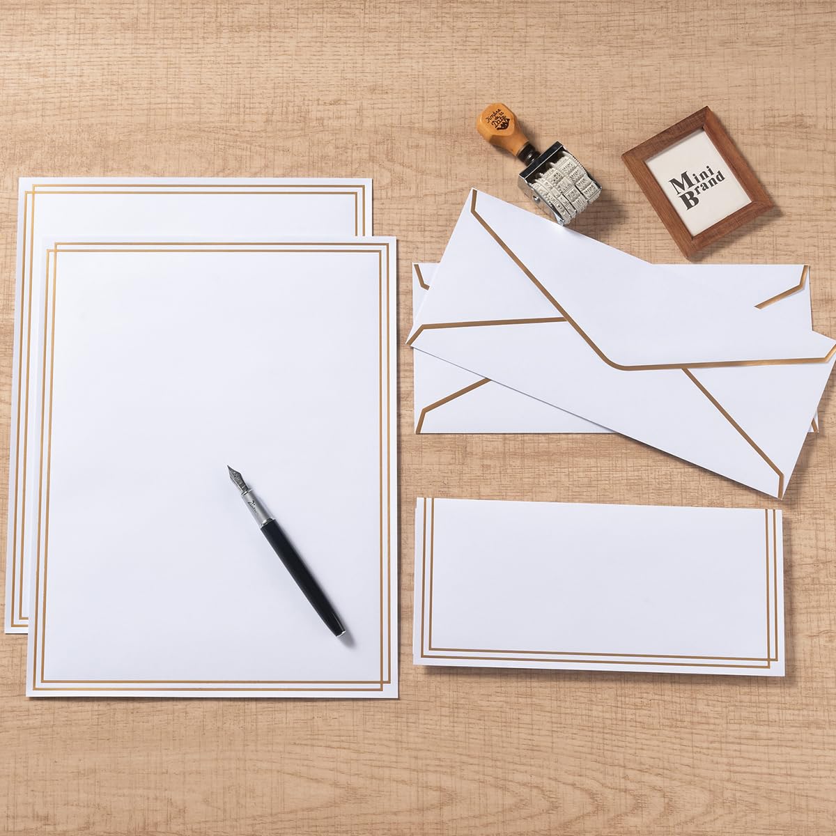 50 Pack Stationery Set with Envelopes, Cream Color, 8.5x11 Inches | Gold Border, #10 Business Envelopes and 8.5x11 Paper Sheets, Stickers for Letter Writing, Invitations